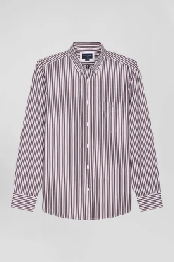 Chemise en popeline de coton rayée bordeaux coupe Regular