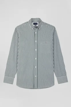 Chemise en popeline de coton rayée verte coupe Regular