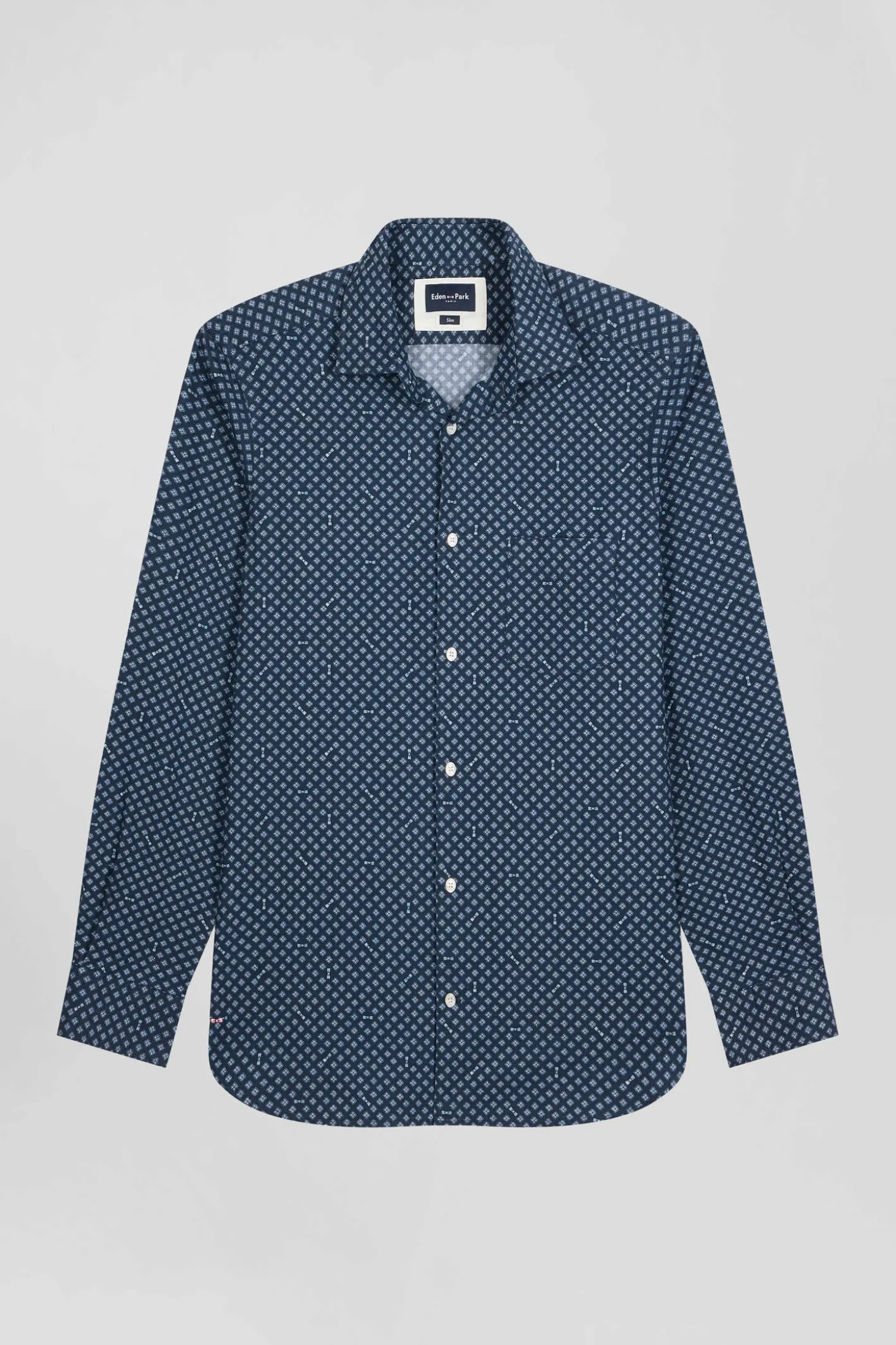 Chemise en popeline de coton indigo imprimé graphique coupe Slim