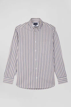 Chemise en popeline de coton rayée grège coupe Regular