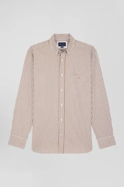 Chemise en popeline de coton rayée marron coupe Regular
