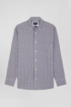 Chemise en popeline de coton marine à carreaux bicolore coupe Regular