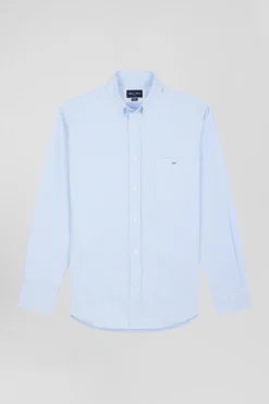 Chemise en popeline de coton bleue à rayures bâton coupe Regular