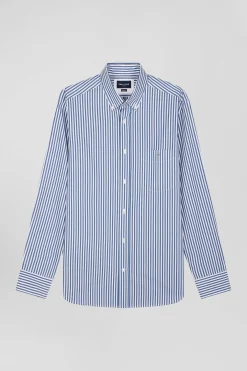 Chemise en popeline de coton rayée bleue coupe Regular