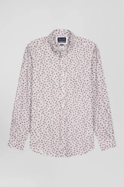 Chemise en popeline de coton beige à microimprimé coupe Regular