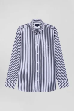 Chemise en popeline de coton rayée marine coupe Regular