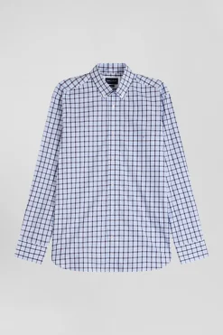 Chemise en popeline de coton bleue à carreaux bicolore coupe Regular