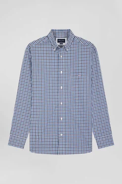 Chemise en popeline de coton bleu marine à carreaux bicolore coupe Regular