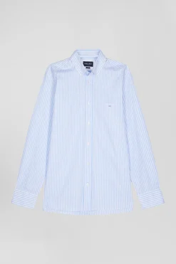 Chemise en popeline de coton rayée ciel coupe Regular