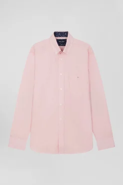 Chemise en popeline de coton rose col boutonné et coudières imprimées coupe Regular