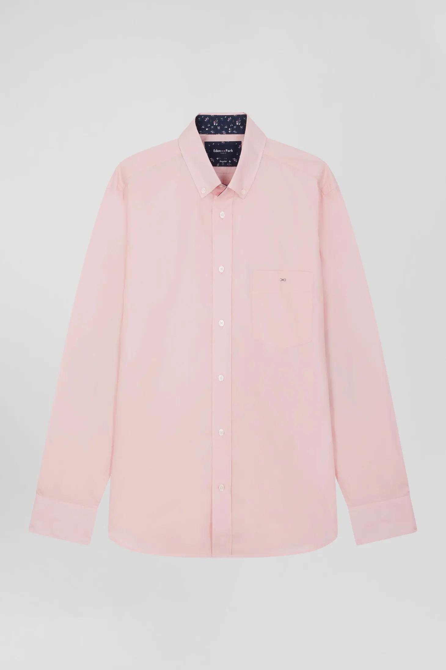 Chemise en popeline de coton rose col boutonné et coudières imprimées coupe Regular
