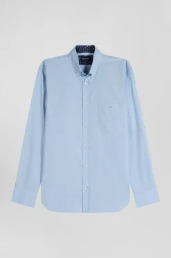 Chemise en popeline de coton ciel col boutonné et coudières imprimées coupe Regular
