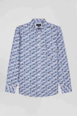 Chemise en popeline de coton bleue imprimé floral coupe Regular