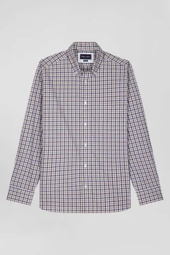 Chemise en popeline de coton marron à carreaux bicolore coupe Regular