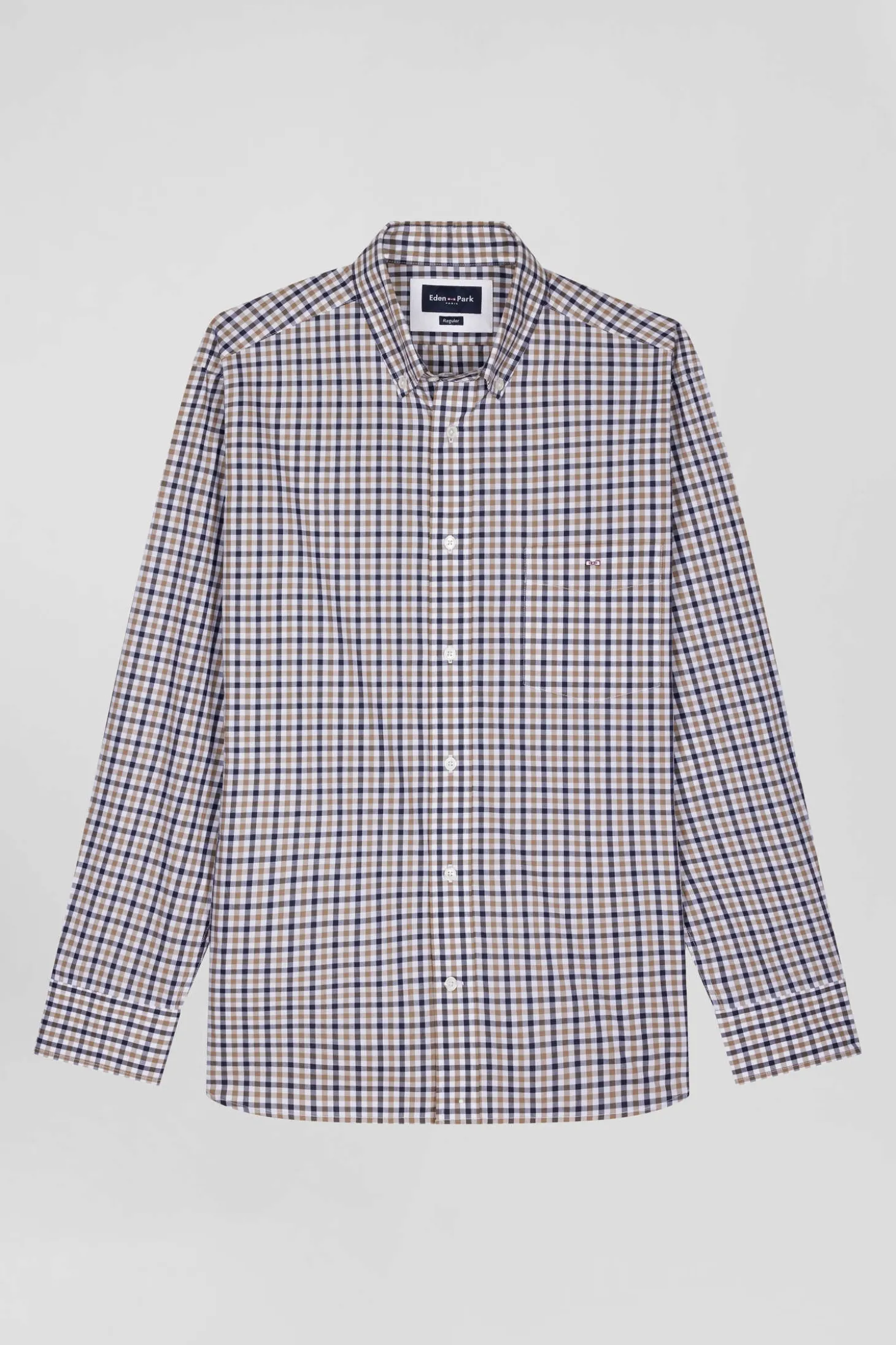 Chemise en popeline de coton marron à carreaux bicolore coupe Regular