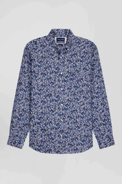 Chemise en popeline de coton Pima bleu marine microimprimé floral coupe Regular