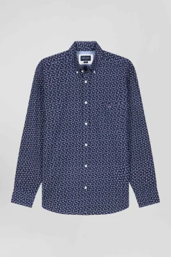 Chemise en popeline de coton bleu marine microimprimé nœud papillon coupe Regular