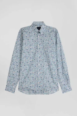Chemise en popeline de coton ciel microimprimé floral coupe Regular
