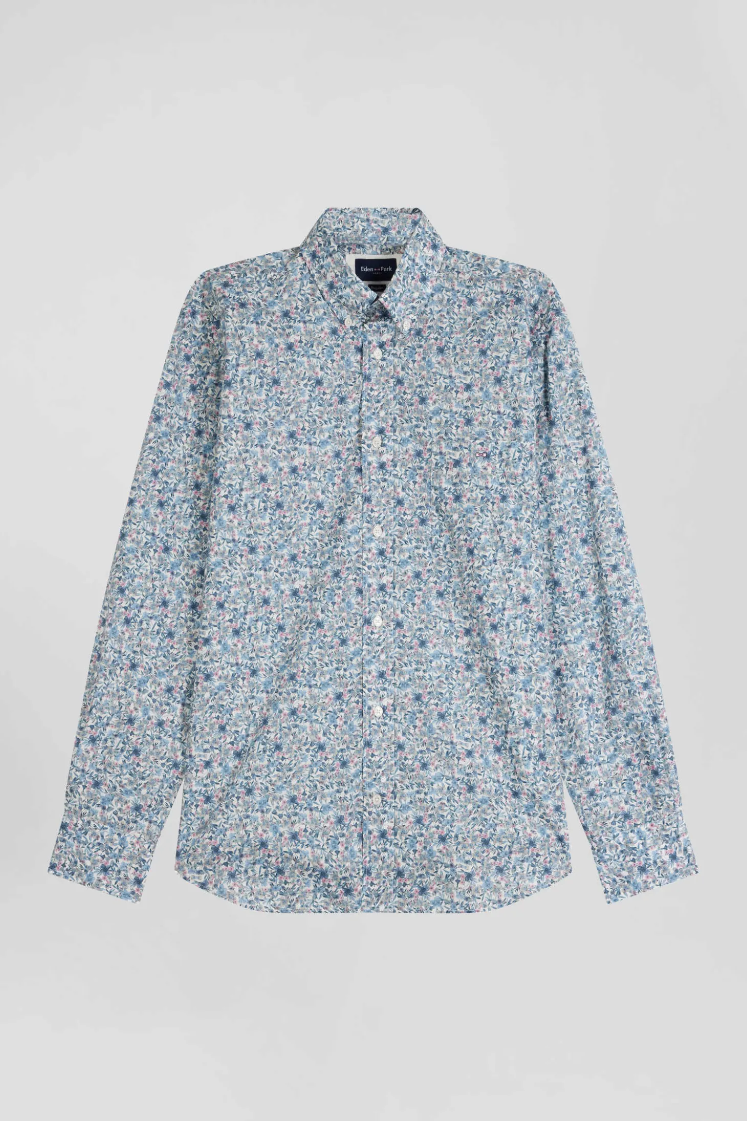 Chemise en popeline de coton ciel microimprimé floral coupe Regular