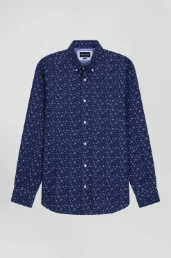 Chemise en popeline de coton bleu marine à microimprimé fleurs coupe Regular