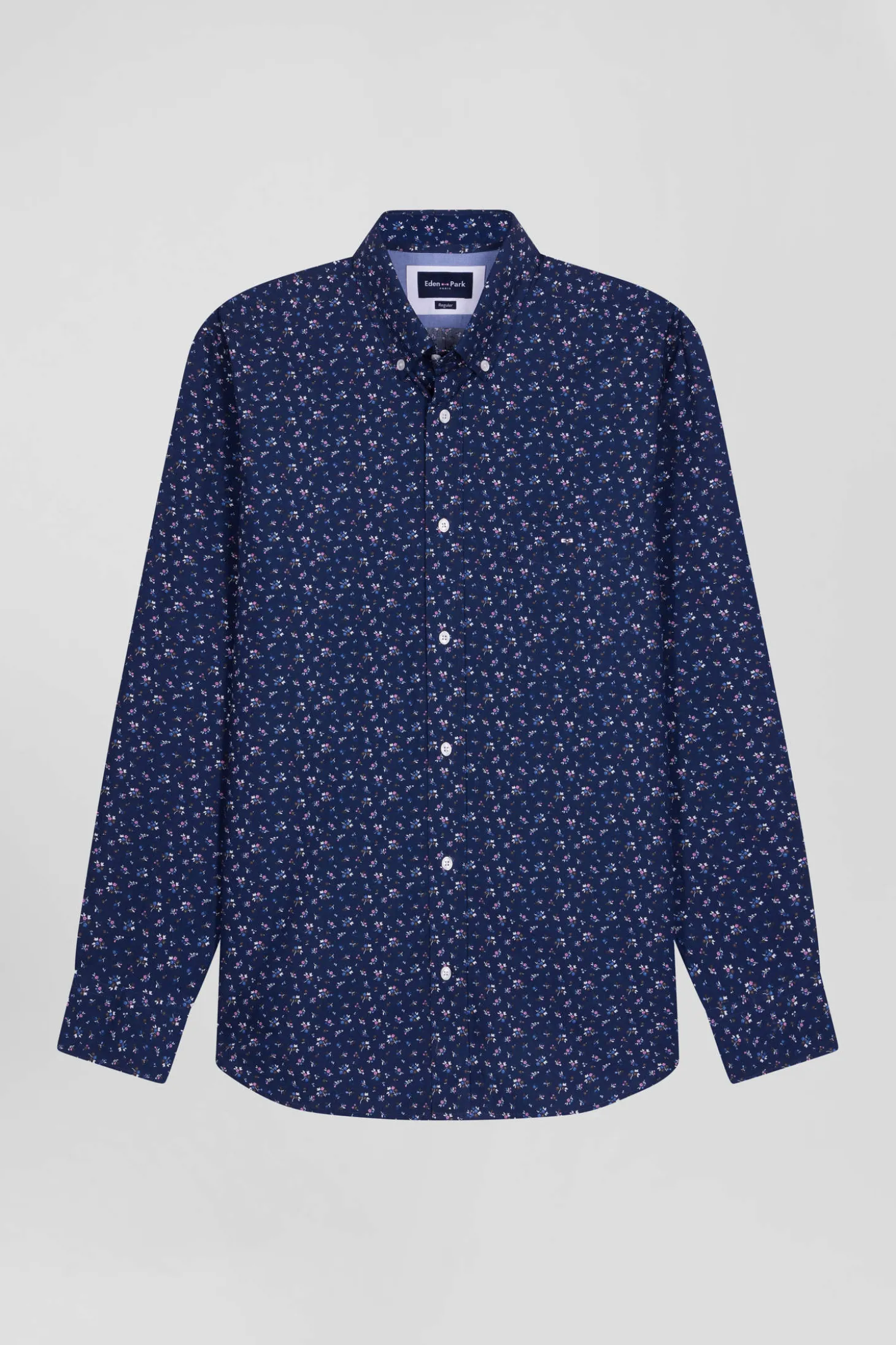 Chemise en popeline de coton bleu marine à microimprimé fleurs coupe Regular