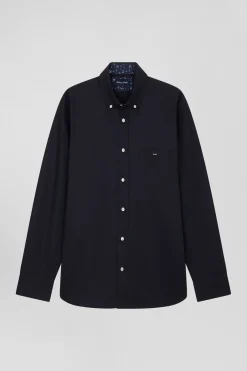 Chemise en popeline de coton bleu marine col boutonné et coudières imprimées coupe Regular