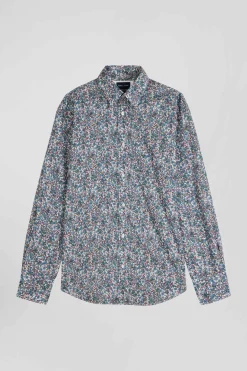 Chemise en popeline de coton bleue à imprimé floral coupe Regular