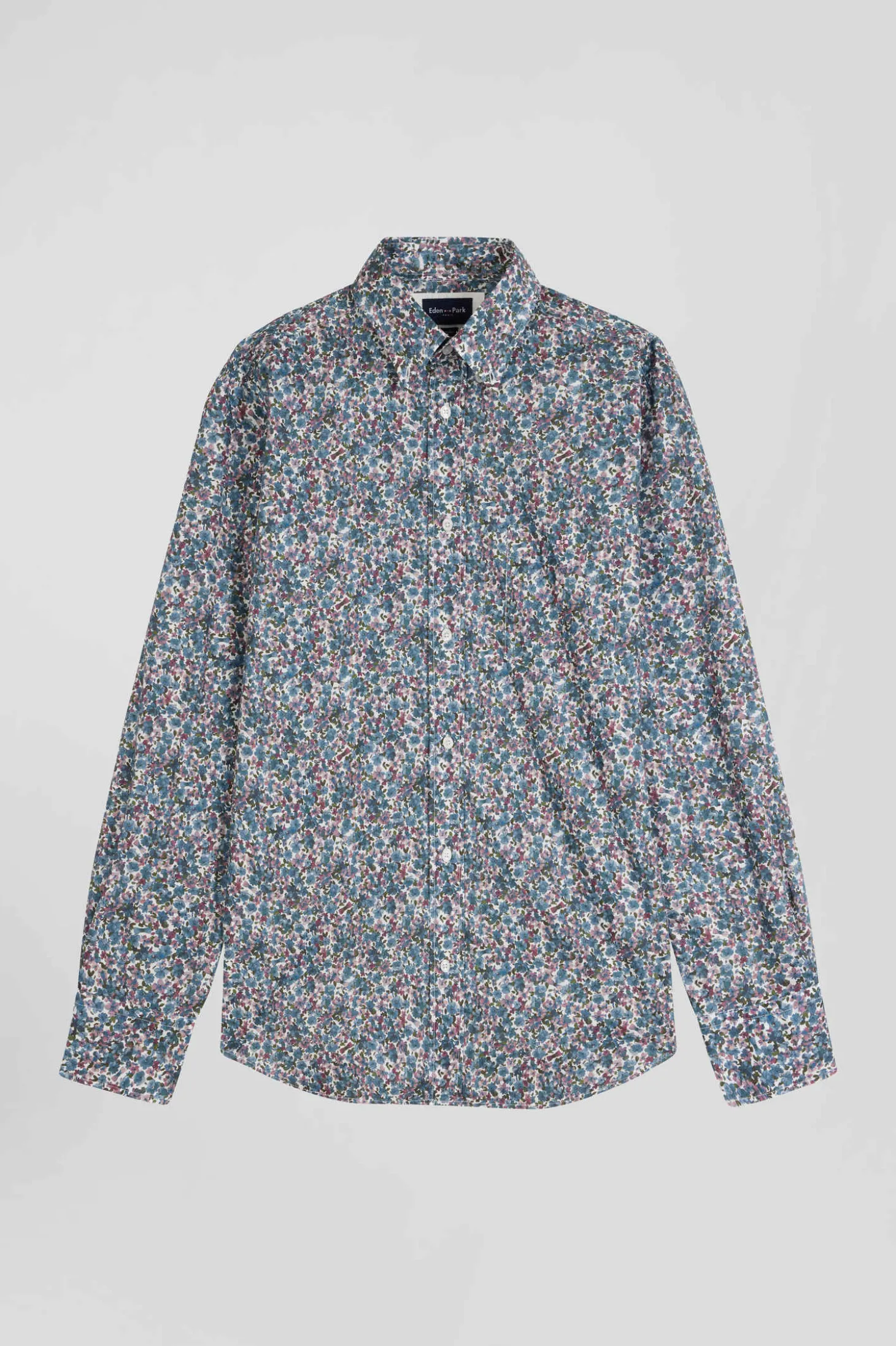 Chemise en popeline de coton bleue à imprimé floral coupe Regular
