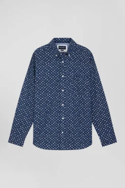 Chemise en popeline de coton bleu marine microimprimé floral coupe Regular