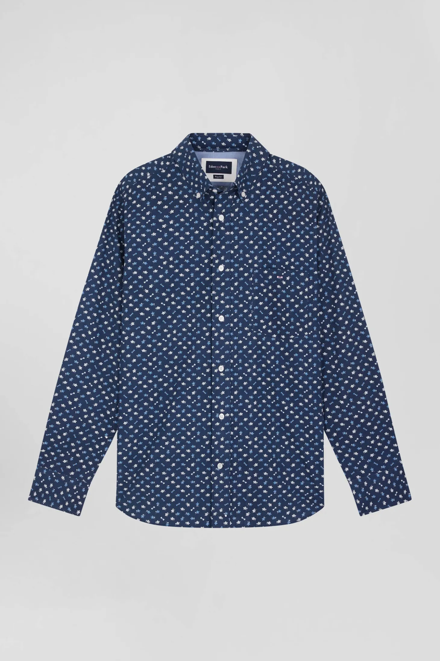 Chemise en popeline de coton bleu marine microimprimé floral coupe Regular
