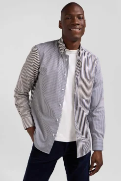 Chemise en popeline de coton marron rayures mix and match coupe Regular