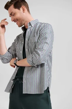 Chemise en popeline de coton à rayures verte coupe Regular