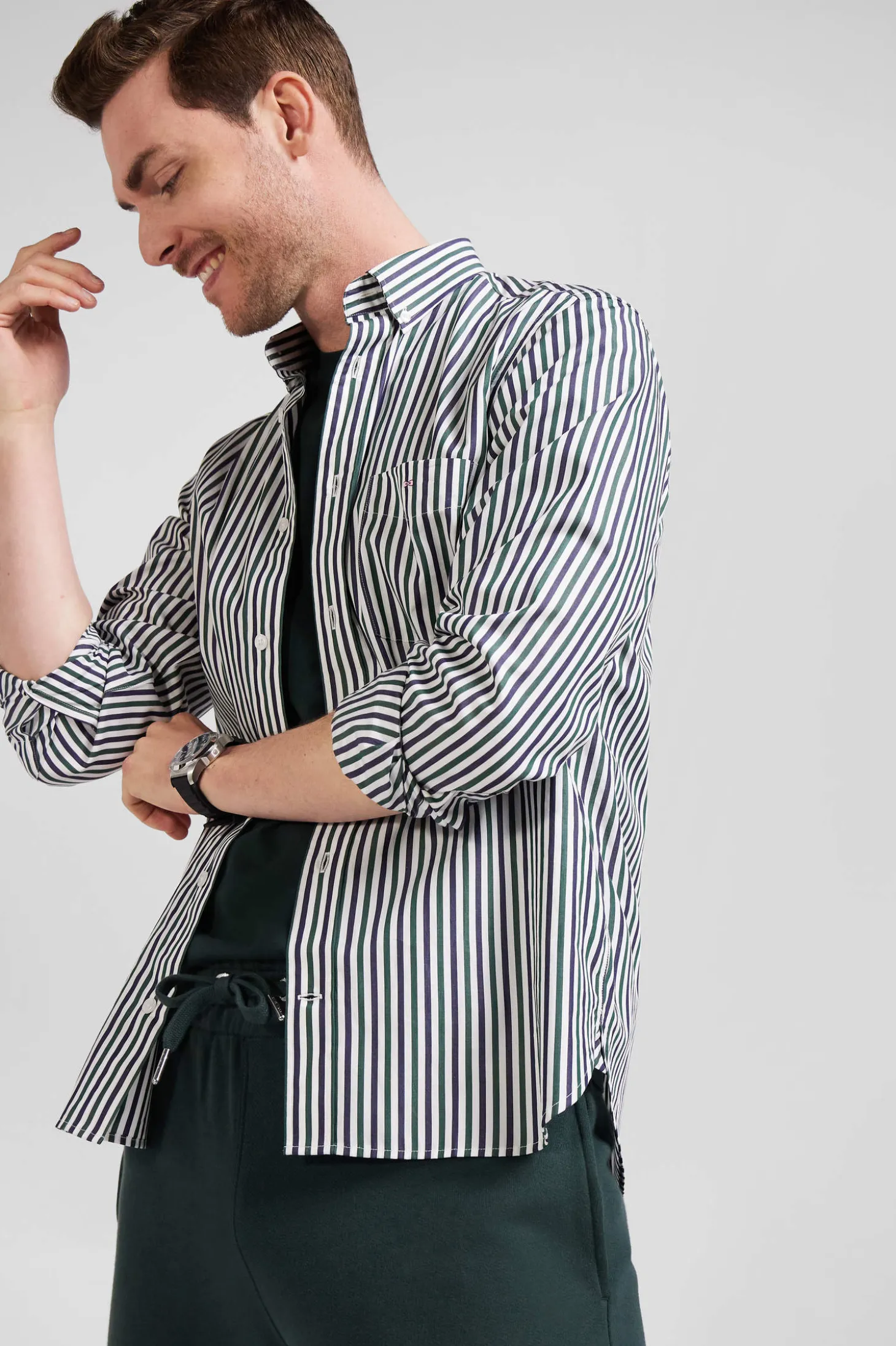 Chemise en popeline de coton à rayures verte coupe Regular