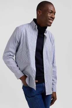 Chemise en popeline de coton bleu marine à rayures bâton coupe Regular