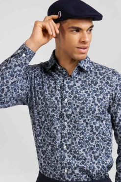 Chemise en popeline de coton grise microimprimé fleurs coupe Slim
