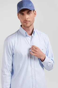 Chemise en popeline de coton bleue à rayures bâton coupe Regular