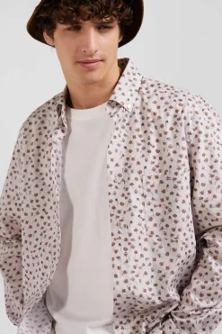 Chemise en popeline de coton beige à microimprimé coupe Regular
