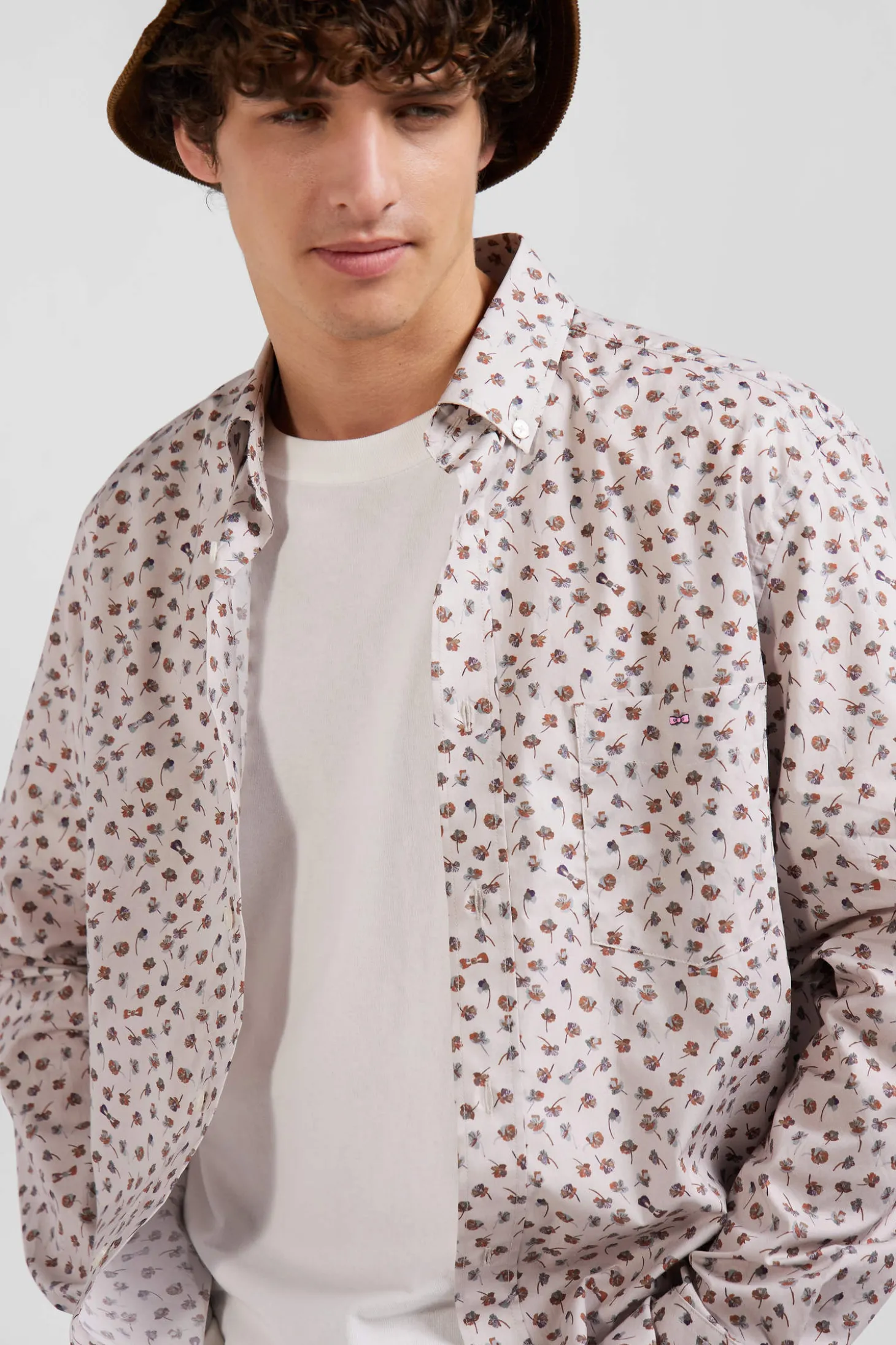 Chemise en popeline de coton beige à microimprimé coupe Regular