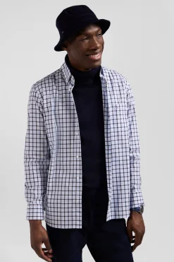 Chemise en popeline de coton bleue à carreaux bicolore coupe Regular