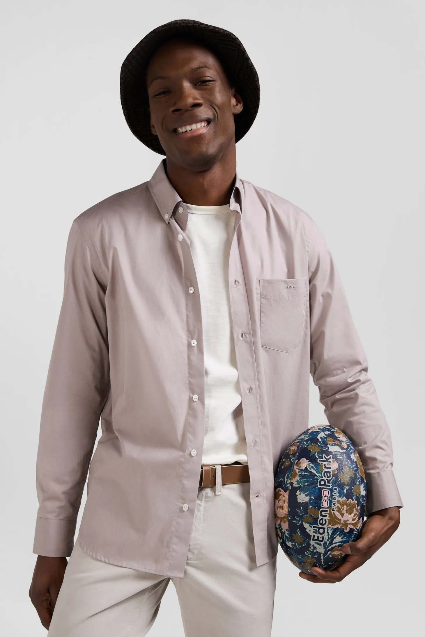 Chemise en popeline de coton grise col boutonné et coudières imprimées coupe Regular