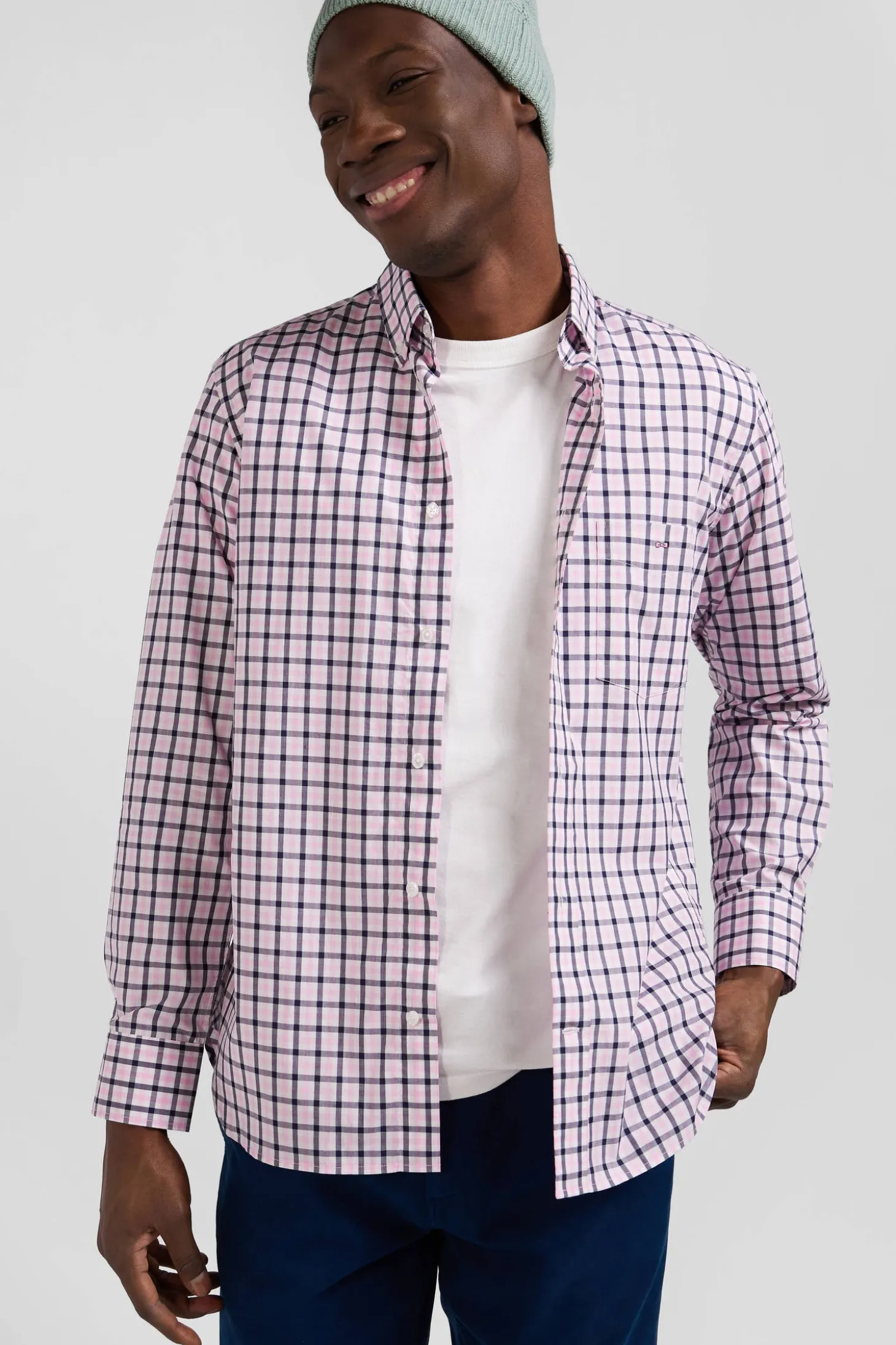 Chemise en popeline de coton rose à carreaux bicolore coupe Regular