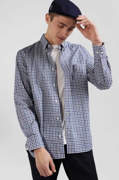 Chemise en popeline de coton bleu marine à carreaux bicolore coupe Regular