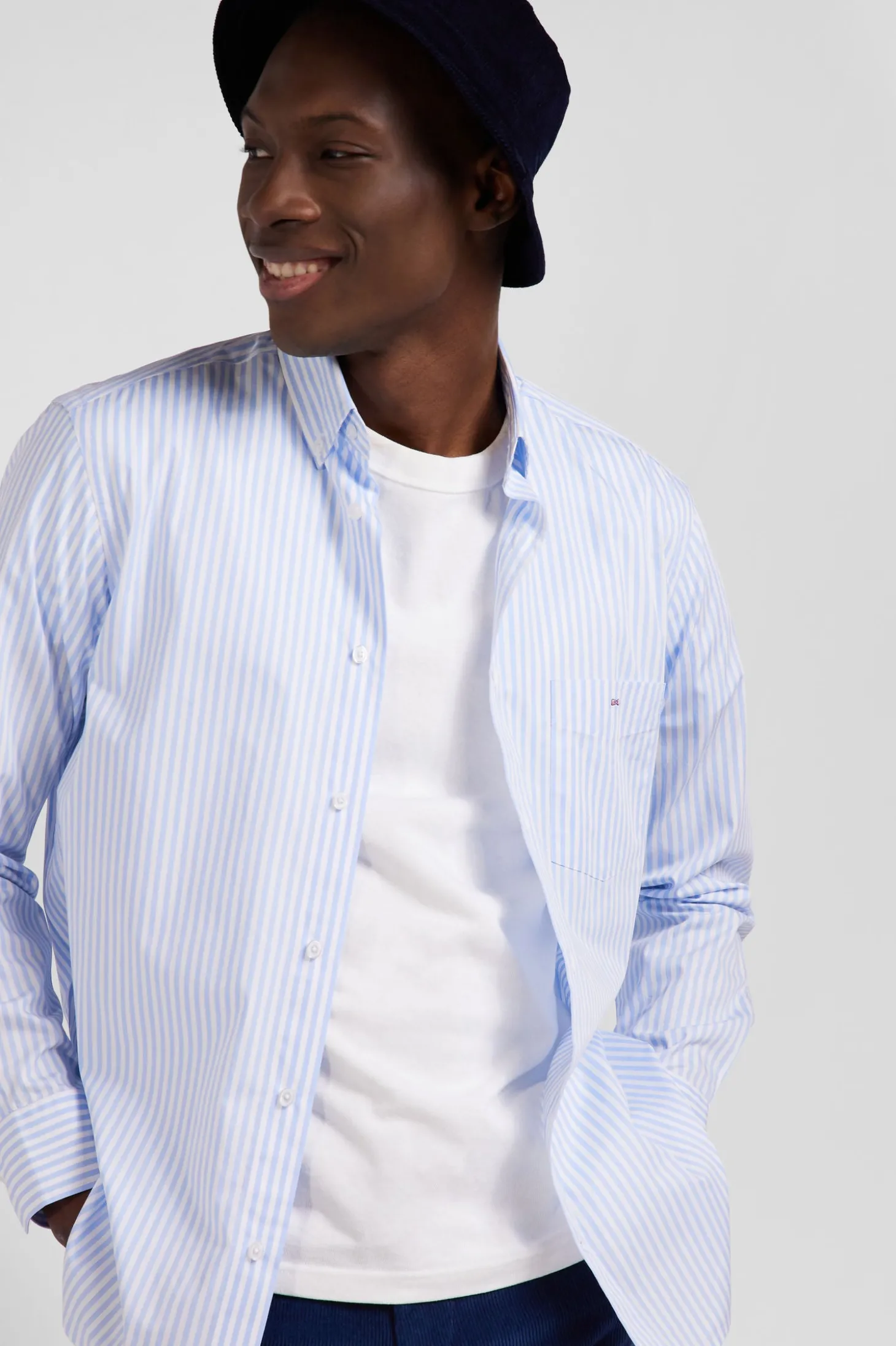 Chemise en popeline de coton rayée ciel coupe Regular