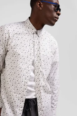 Chemise en popeline de coton écrue à microimprimé fleurs coupe Regular