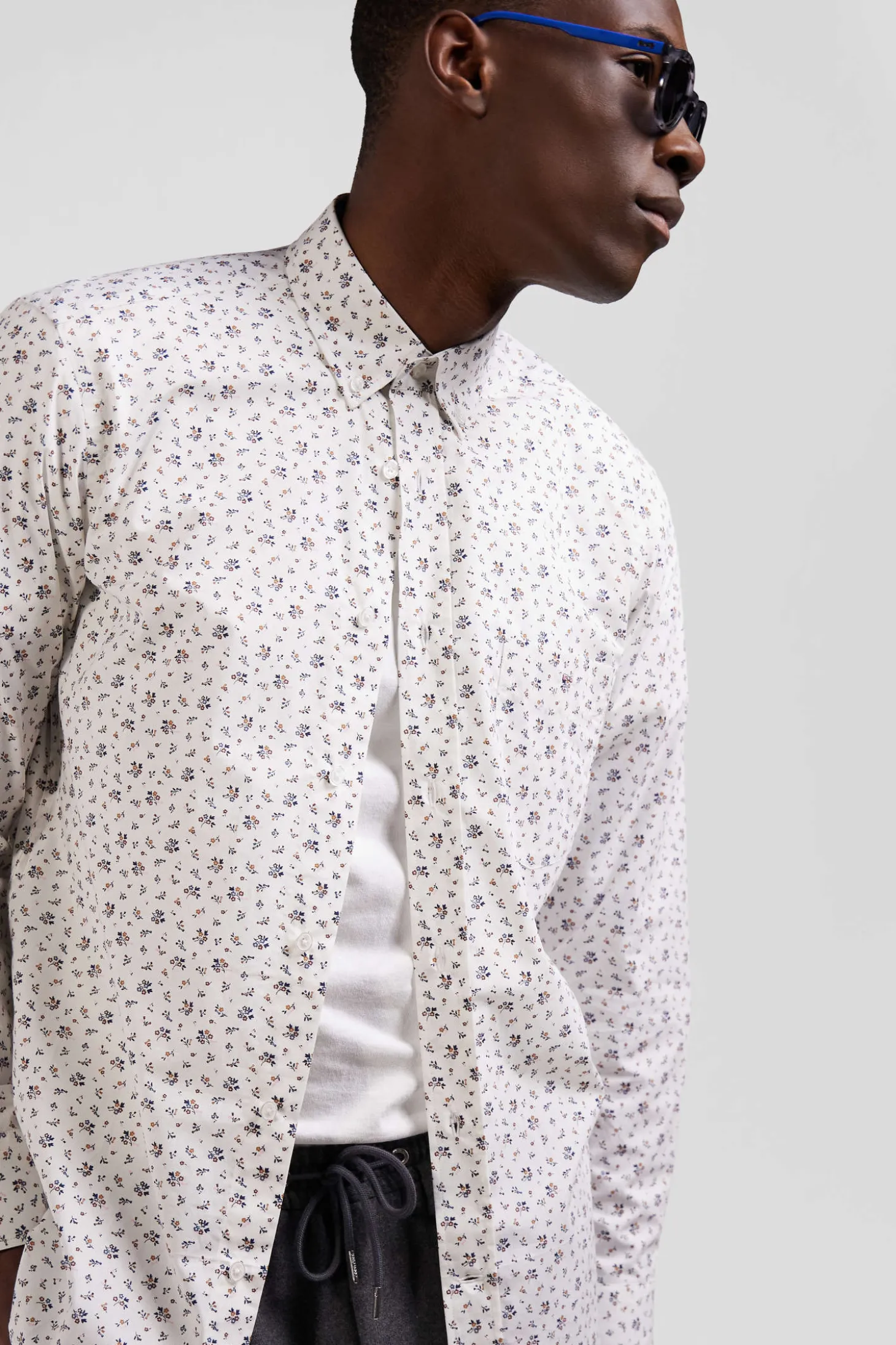 Chemise en popeline de coton écrue à microimprimé fleurs coupe Regular