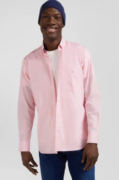 Chemise en popeline de coton rose col boutonné et coudières imprimées coupe Regular