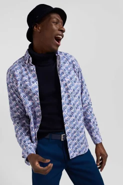 Chemise en popeline de coton bleue imprimé floral coupe Regular