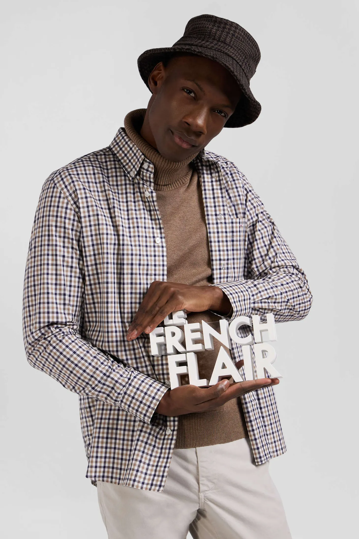 Chemise en popeline de coton marron à carreaux bicolore coupe Regular