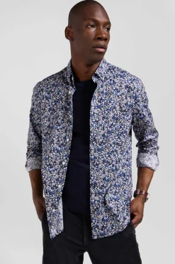Chemise en popeline de coton Pima bleu marine microimprimé floral coupe Regular