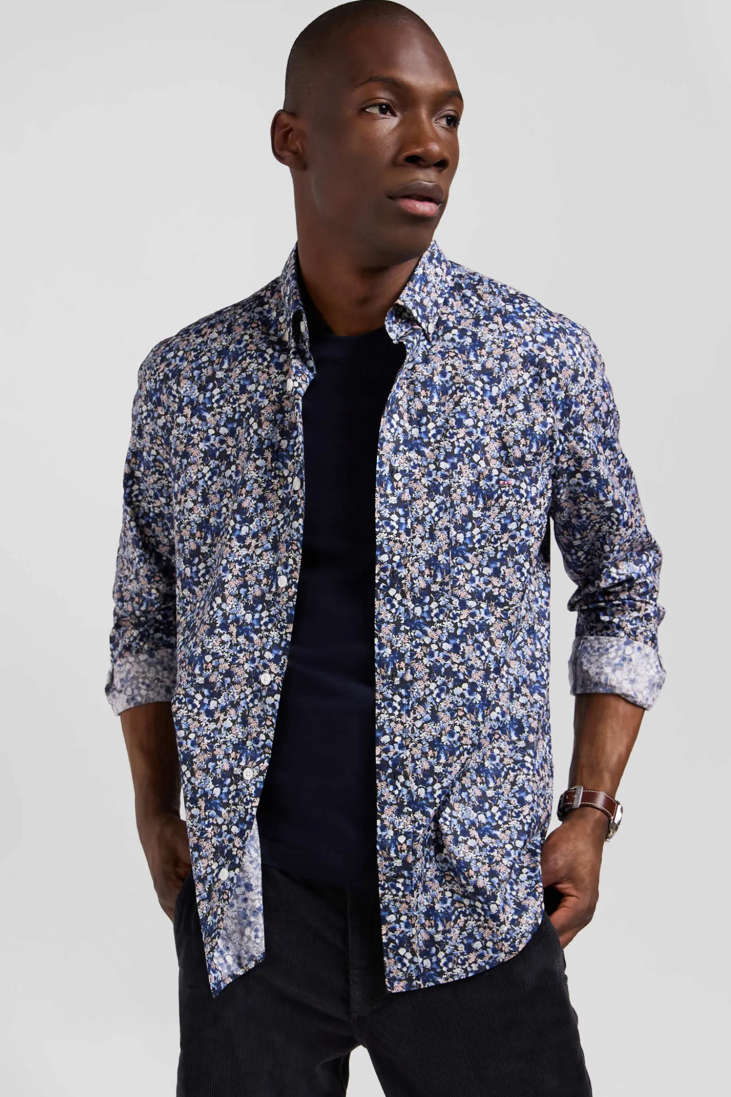 Chemise en popeline de coton Pima bleu marine microimprimé floral coupe Regular